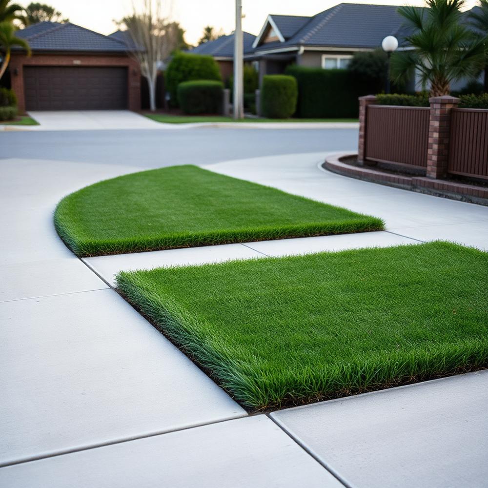 Freshly laid front lawn edged hard against a concrete driveway