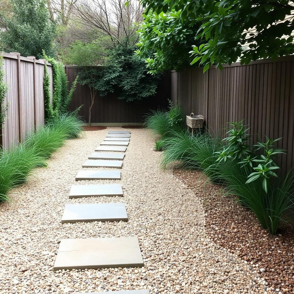 Narrow side return with bluestone stepping pads, gravel and shade planting