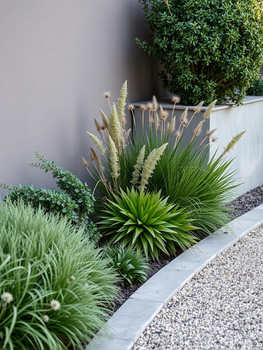 Layered native planting against a rendered wall with a stone edge