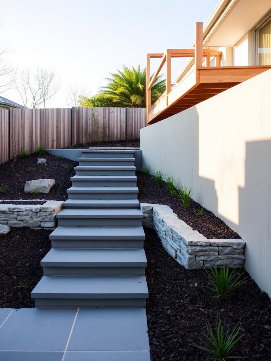 Bluestone steps and a rendered retaining wall in a backyard build