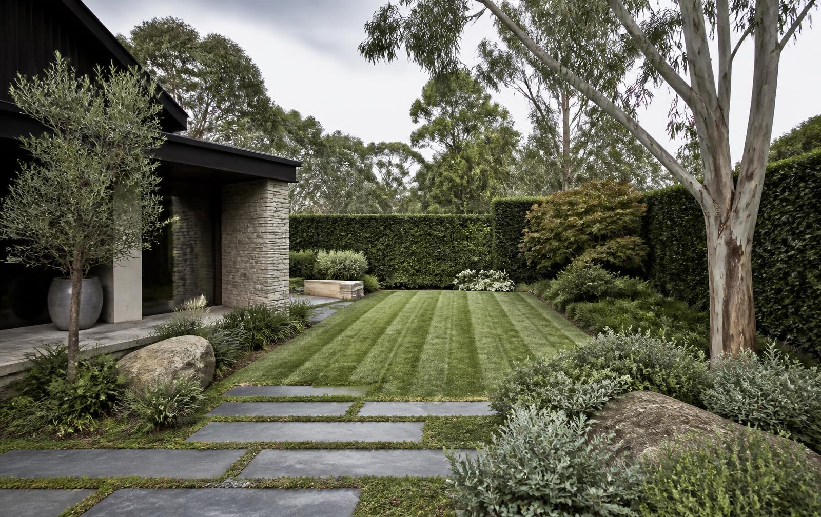 Striped rear lawn framed by clipped hedging and eucalypts