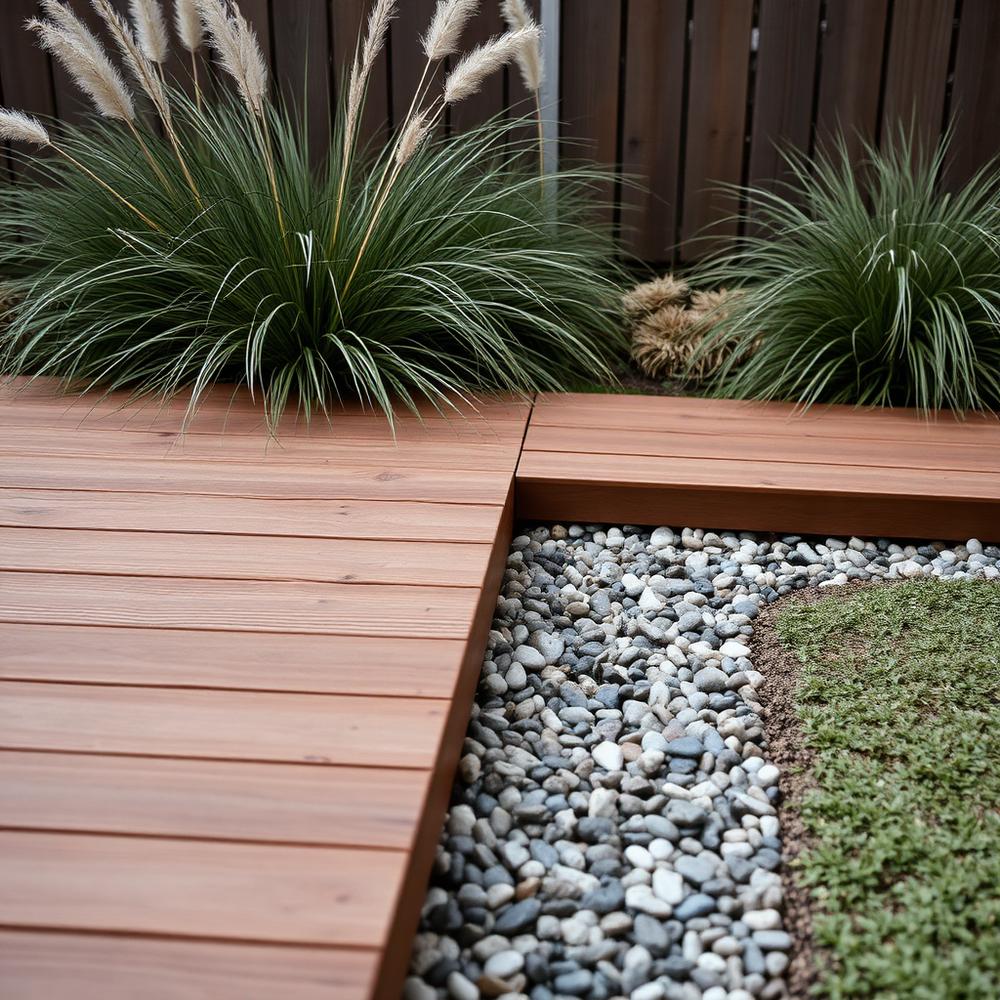 Timber deck corner with ornamental grasses and a pebble drainage strip