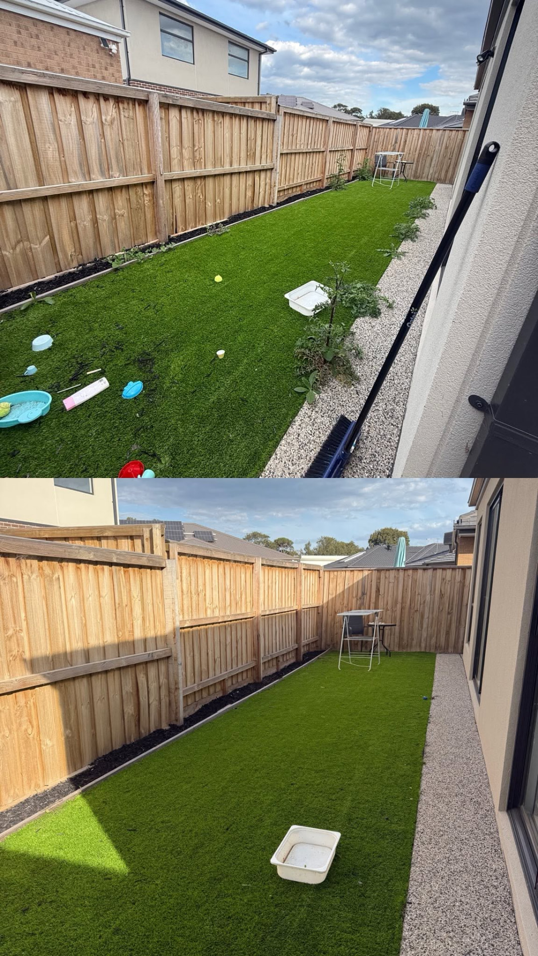 Narrow side courtyard with fresh turf, mulched garden bed and pebble drainage strip