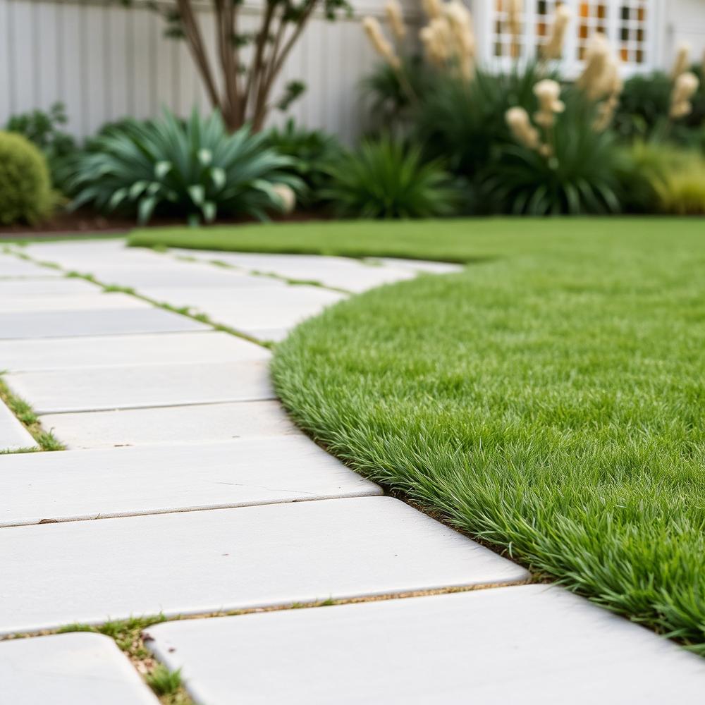 Paving meeting a crisp lawn edge in a Melbourne garden