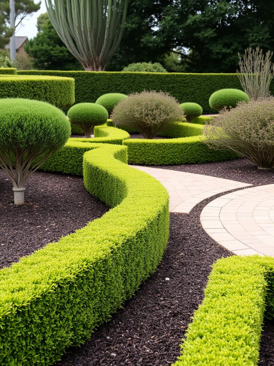 Clipped hedging, trimmed shrubs and fresh mulch along a paved path