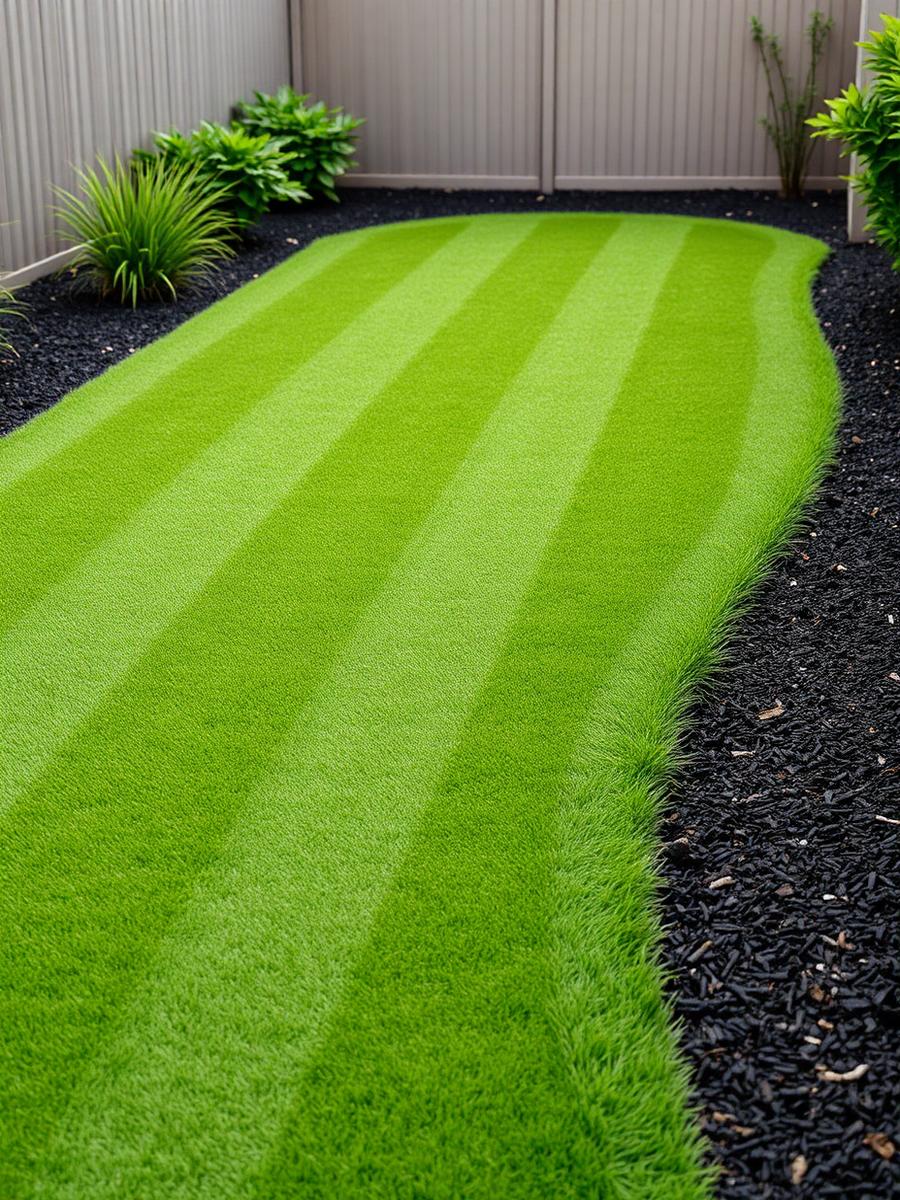 New turf laid to a curved edge against dark mulch